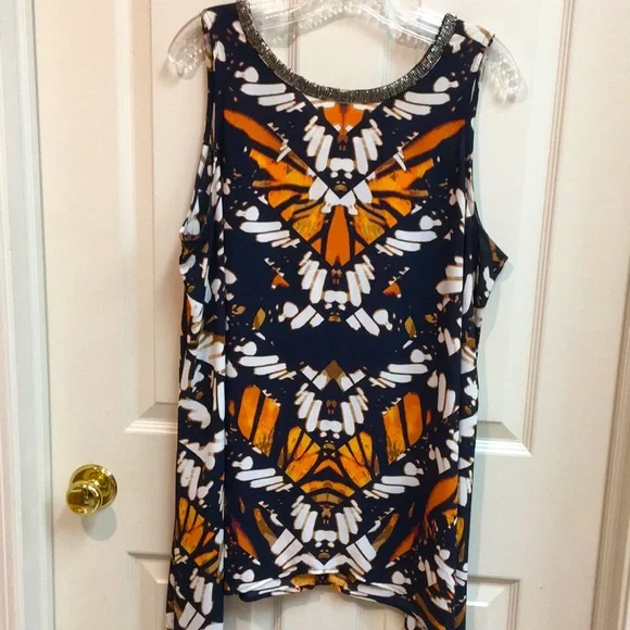 Abstract “Monarch Butterfly” Pattern Sleeveless Top with Shark Bite Hem - Picture 6 of 7